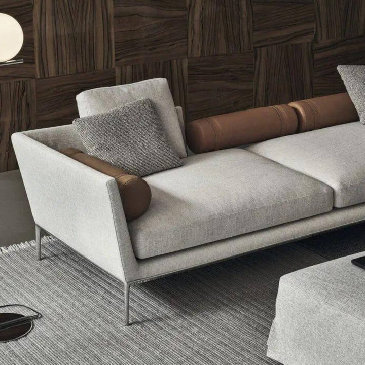Left side view of Luxury Lounger sofa upholstered in cotton linen with modern plush design