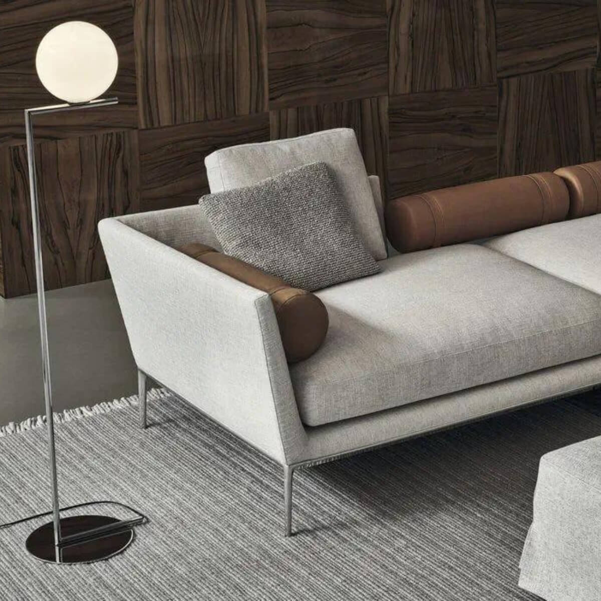 Side view of contemporary Luxury Lounger sofa with soft cotton linen upholstery