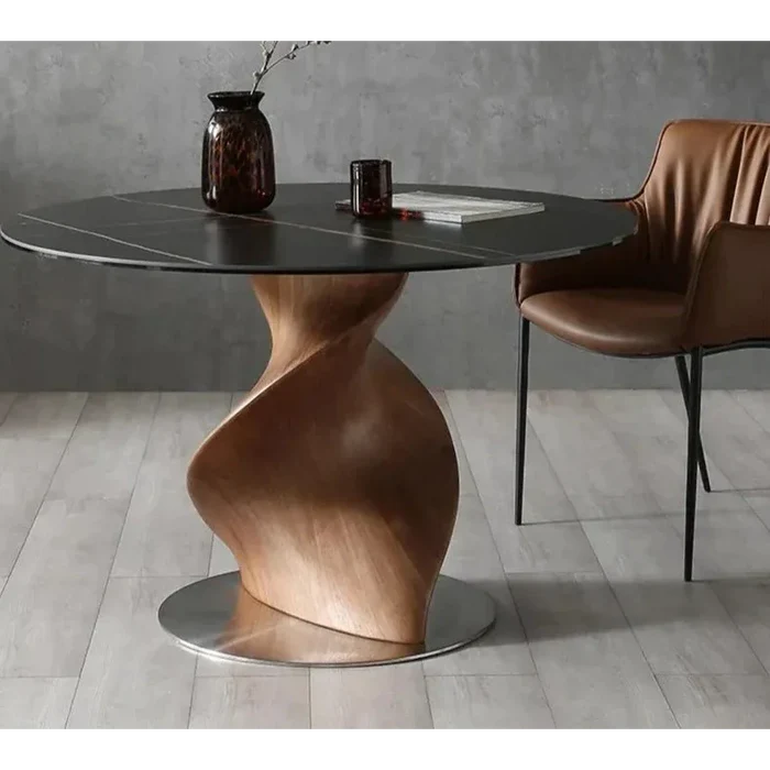 Contemporary slated board and wood spiral table for living room, dining room, modern interior