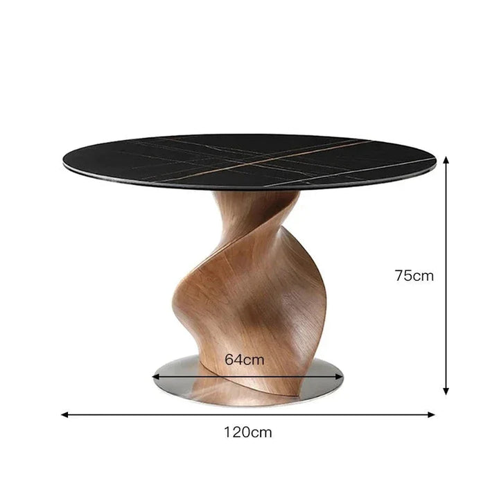 Luxury round dining table with black marble top and sculptural wood base – dimensions view 