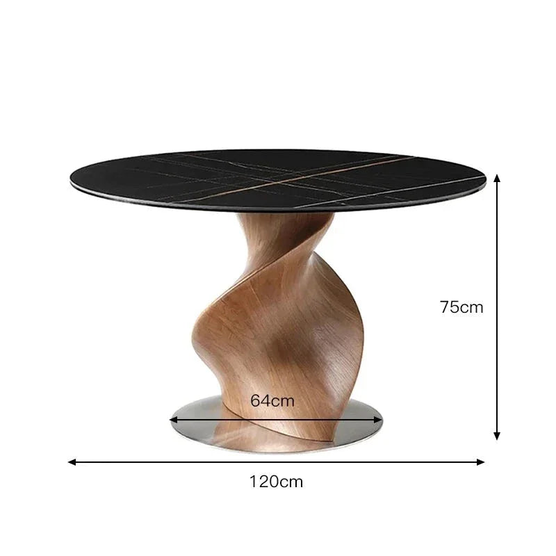 Luxury round dining table with black marble top and sculptural wood base – dimensions view 