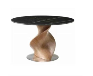 Luxury round dining table with black marble top and sculptural wood base – front view