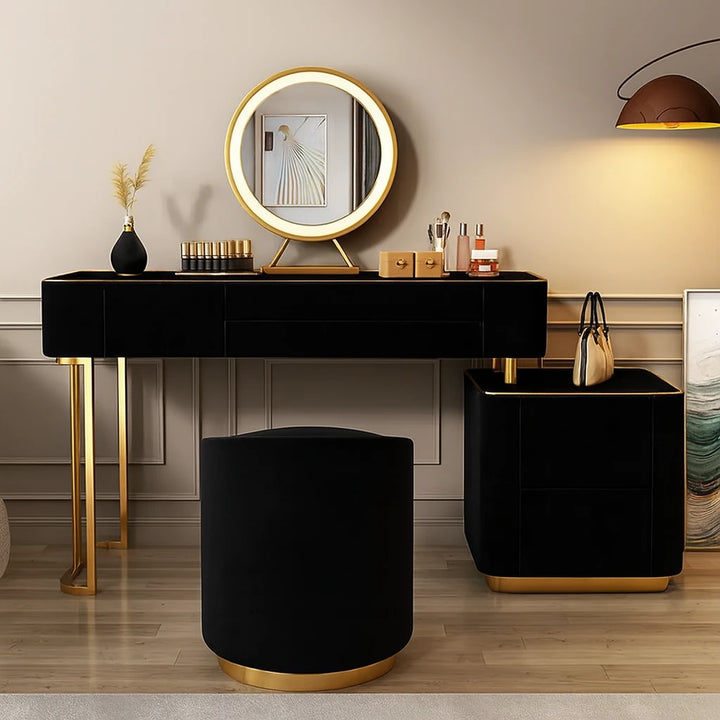 Luxx dressing table vanity set front view in black, featuring a stylish and modern design for bedroom decor.