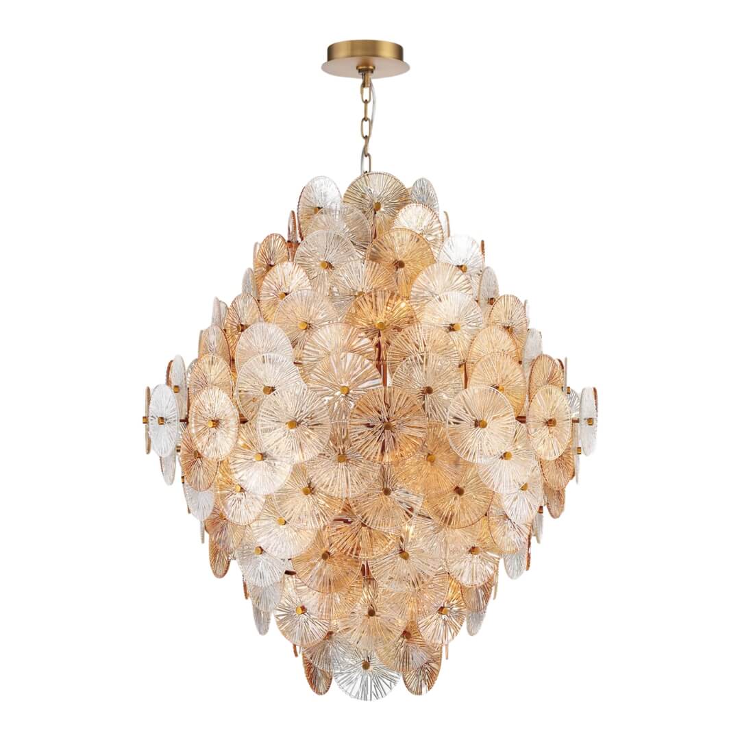 Front view of Luz de Sol Renato chandelier showcasing elegant gold frame and radiant lighting.
