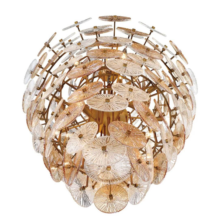 Front view of Luz de Sol Renato chandelier featuring intricate gold design and multiple light bulbs.