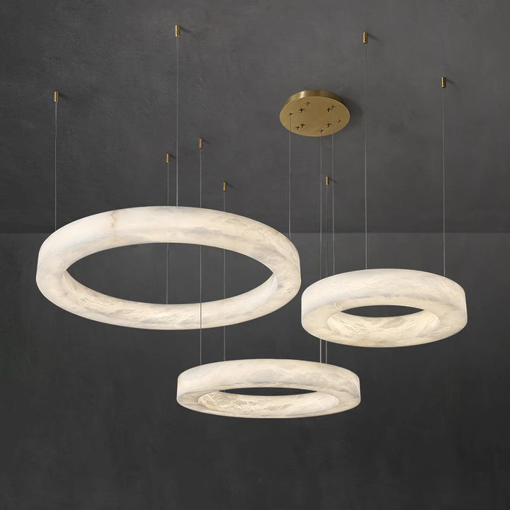 Marika luxury alabaster chandelier three-size hanging view showcasing elegant marble layers and sophisticated crystal design
