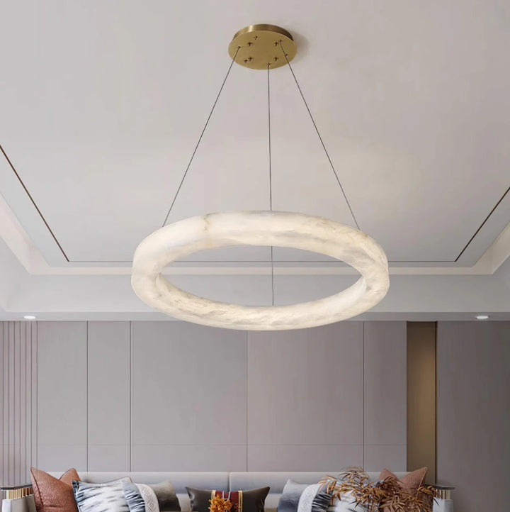 Marika luxury alabaster chandelier living room view showcasing elegant crystals and ambient modern lighting