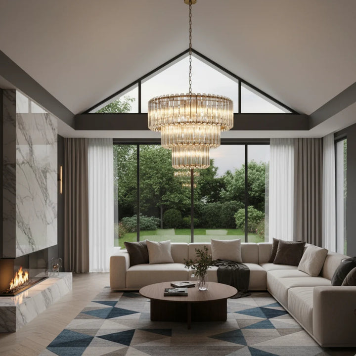 Massimo Round Glass Chandelier – Modern circular glass chandelier illuminating a stylish contemporary living room