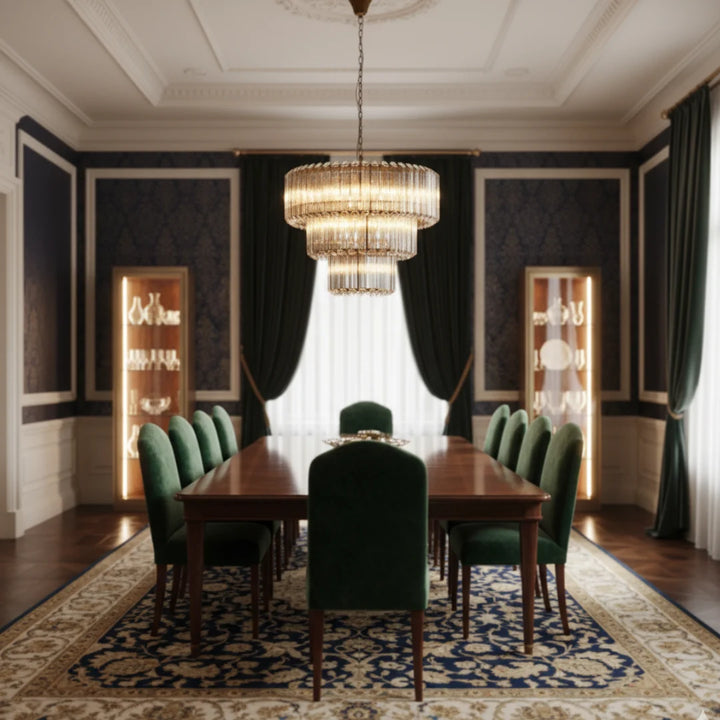 Massimo Round Glass Chandelier – Modern circular glass chandelier enhancing the ambiance of a luxury room interior