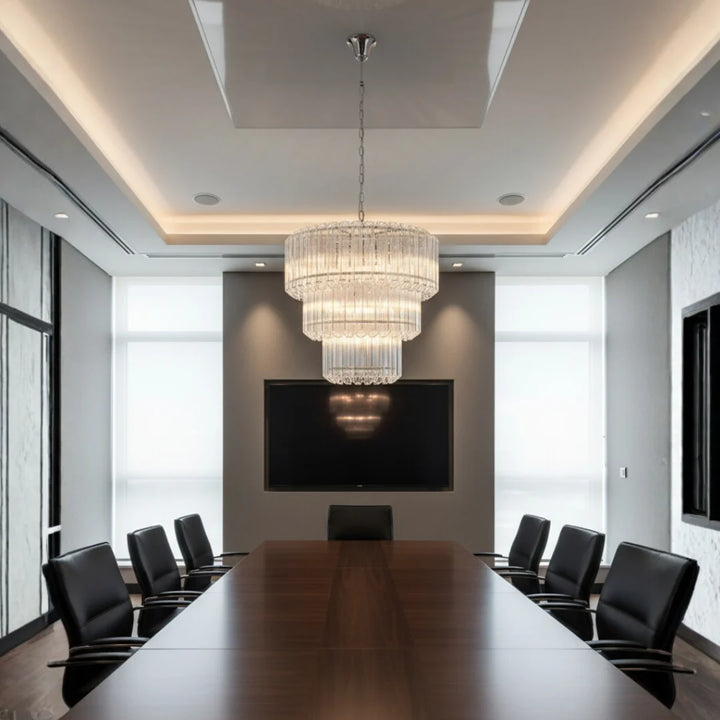 Massimo Round Glass Chandelier – Modern circular chandelier illuminating a contemporary conference room with elegant ambient lighting