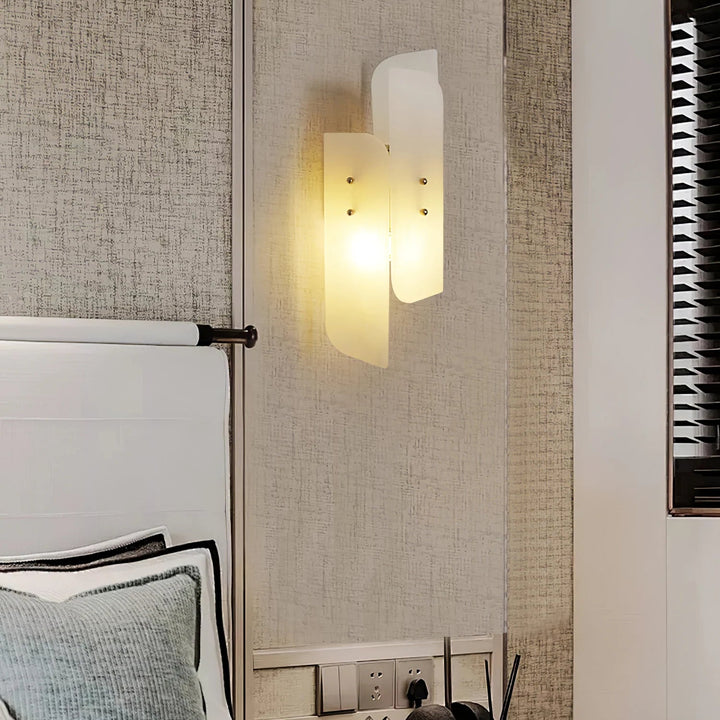 Megalith alabaster wall light on bedroom side wall showcasing luxury modern lighting for cozy elegant ambiance