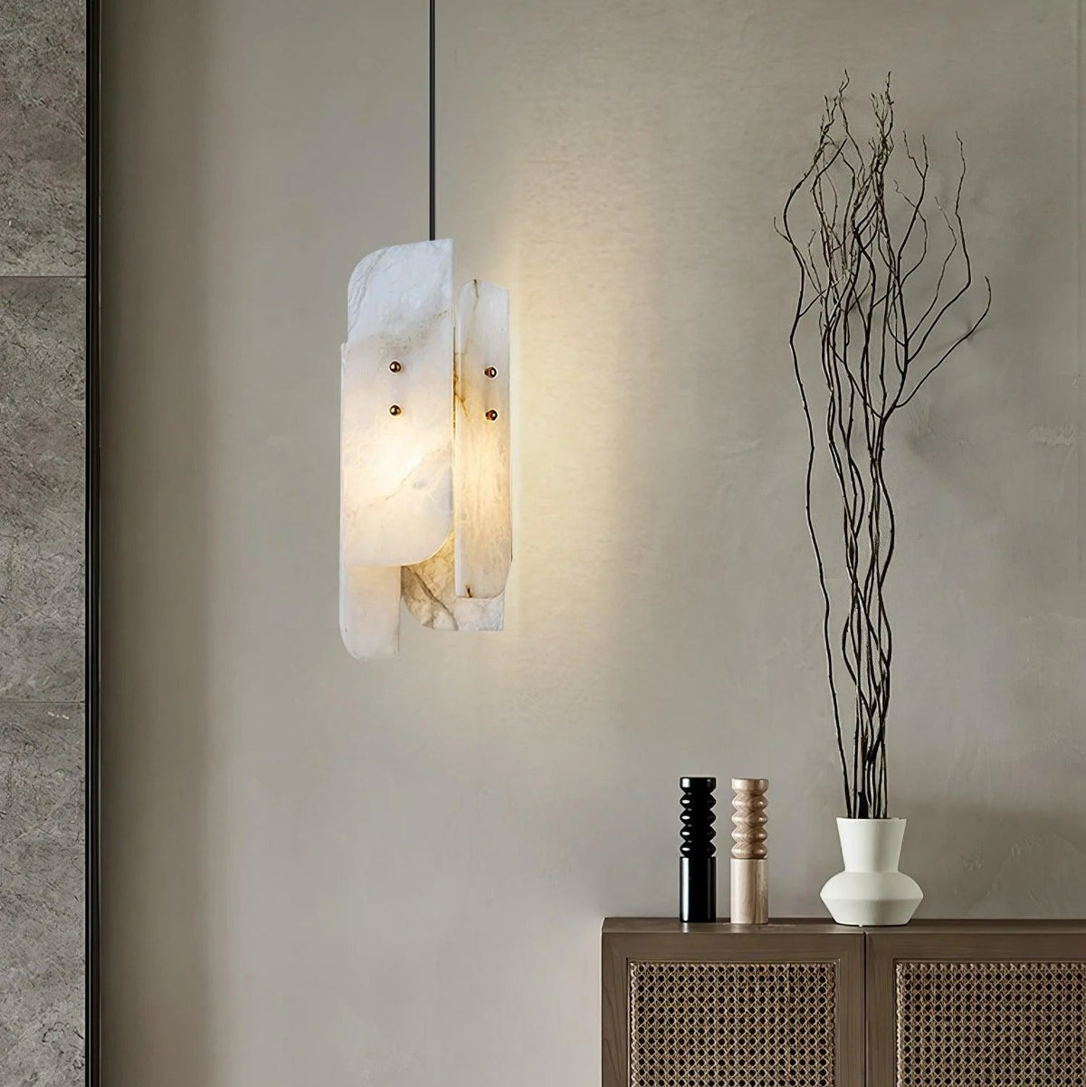 Megalith Mini Pendant Light featuring modern lighting design with a sleek alabaster shade for elegant interiors