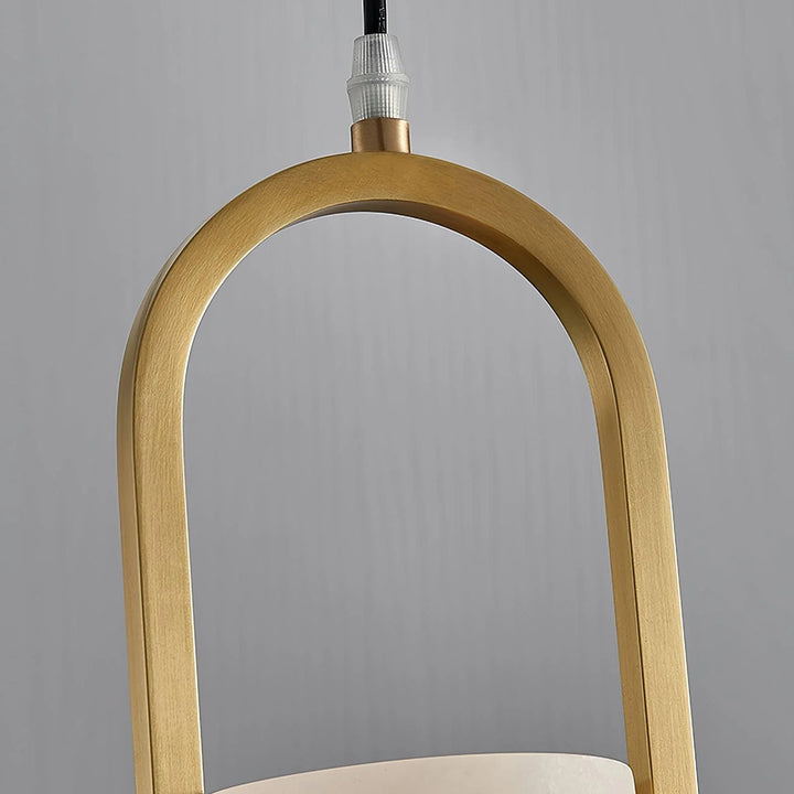 Melange small pendant ceiling light with golden U-shape metal and copper head, modern interior view