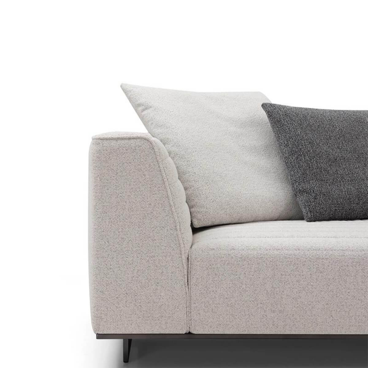 Close-up left side detail of Metro Mod elegant KS30 sofa showcasing cotton-linen upholstery texture and fine craftsmanship