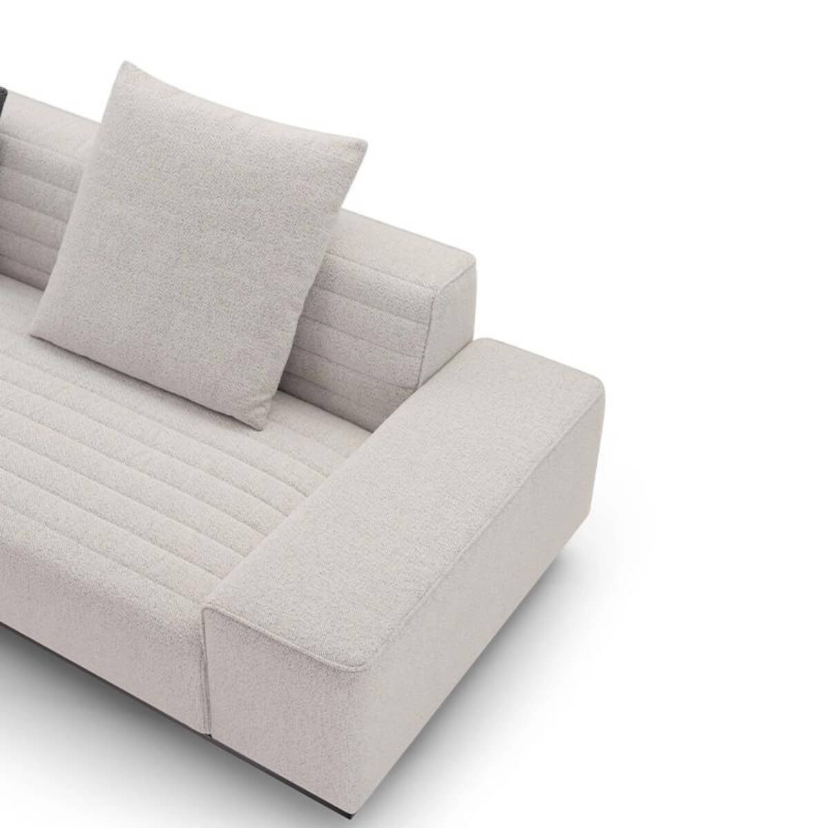 Top right side view of Metro Mod elegant KS30 sofa with cotton-linen upholstery – sleek modern design highlighting fabric texture and seating contours