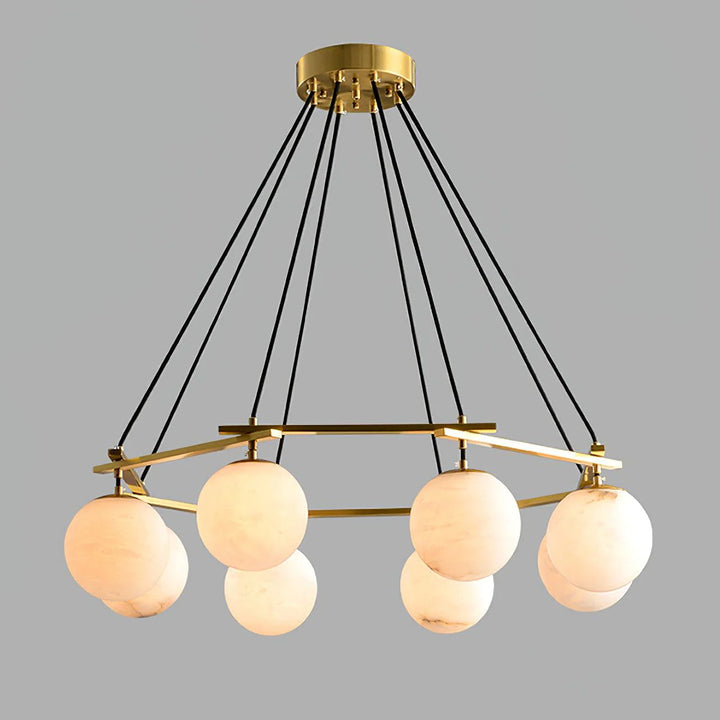 Miira Alabaster Chandelier with eight hanging marble balls, showcasing luxury lighting and elegant design