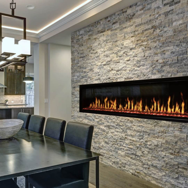 Modern Electric Fireplace Eclipse Home 100-Inch – sleek electric fireplace installed beside dining table, blending contemporary design with warm ambiance.