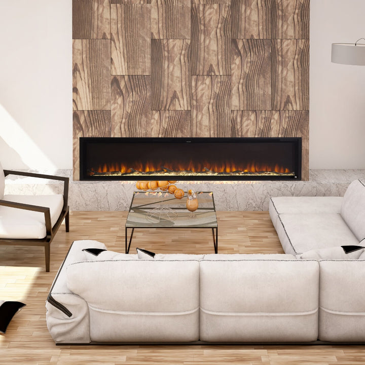 Modern Electric Fireplace Eclipse Home 100-Inch – front view installed in living room, featuring sleek black frame and realistic flame effects for cozy ambiance.