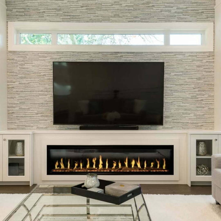 Modern Electric Fireplace Eclipse Home 100-Inch – installed under TV in living room, featuring sleek black frame and warm realistic flames for cozy ambiance.