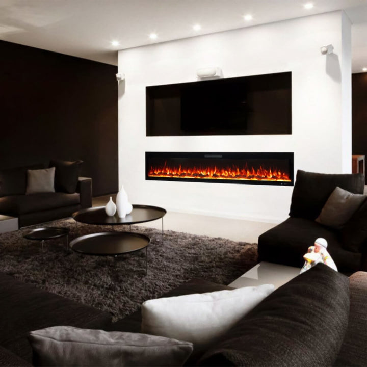 Modern Electric Fireplace Eclipse Home 100-Inch Front View in Living Room – sleek black fireplace installed below TV, featuring realistic flame effects for cozy modern ambiance.