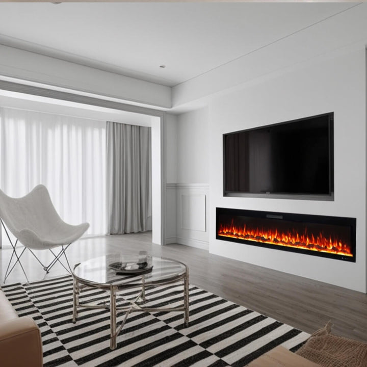 Front view of Eclipse Home modern 100-inch electric fireplace featuring sleek black frame and vibrant multi-color flame display