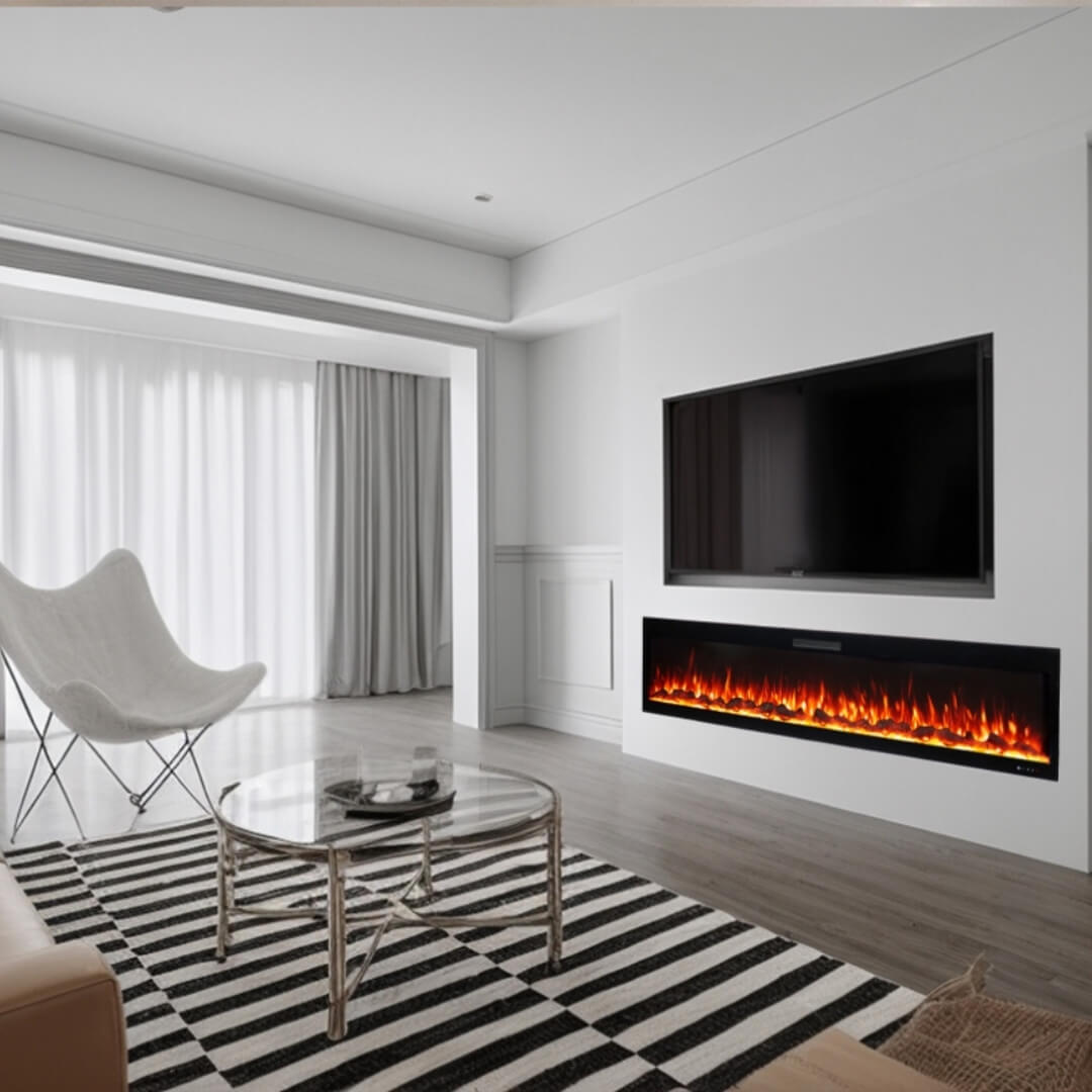 Front view of Eclipse Home modern 100-inch electric fireplace featuring sleek black frame and vibrant multi-color flame display
