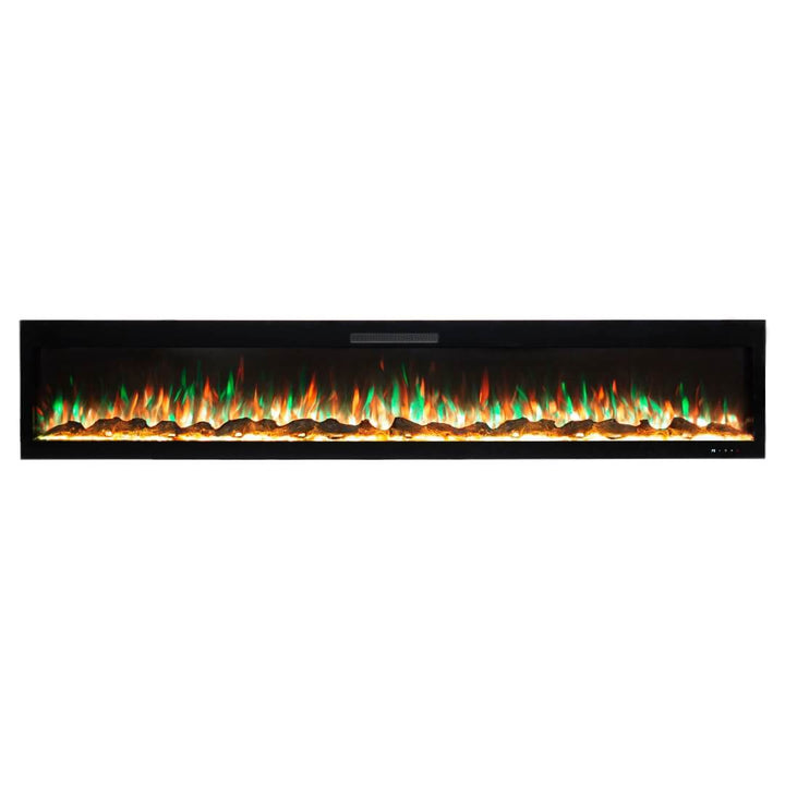 Modern Electric Fireplace Eclipse Home 100-Inch Front View – sleek contemporary fireplace showcasing all flame color options for customizable ambiance.