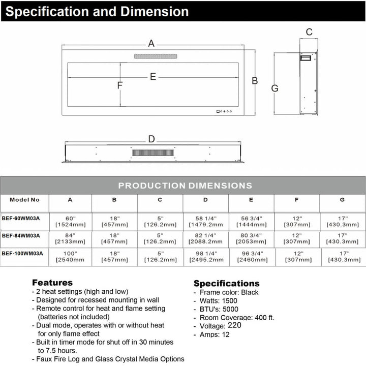 Modern Electric Fireplace Eclipse Home Size Specification and Dimension Chart – detailed measurements and features for BEF-60WM03A, BEF-84WM03A, and BEF-100WM03A models including heat settings, remote control, recessed mounting, and power specs.