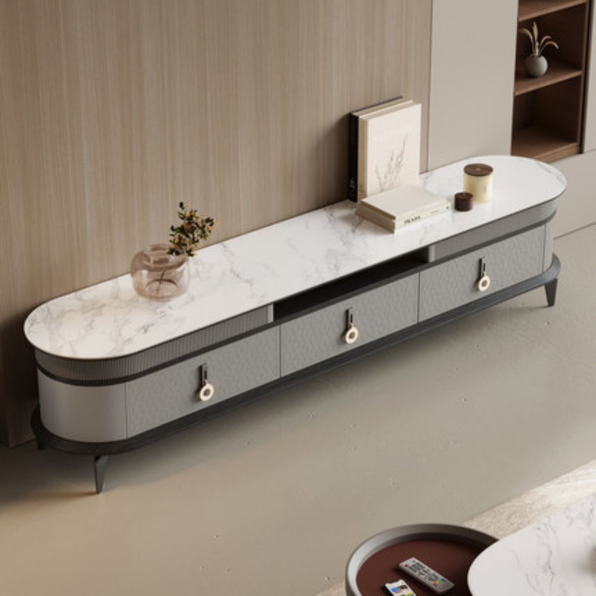 Top view of modern marble top coffee table in living room with elegant and sleek design