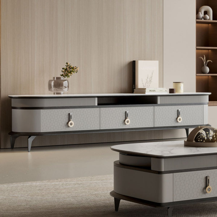 Modern marble top coffee table and TV unit in living room with stylish and cozy decor