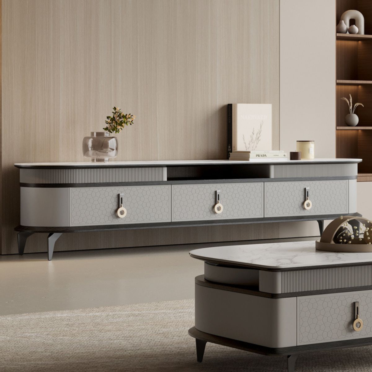 Modern marble top coffee table and TV unit in living room with stylish and cozy decor