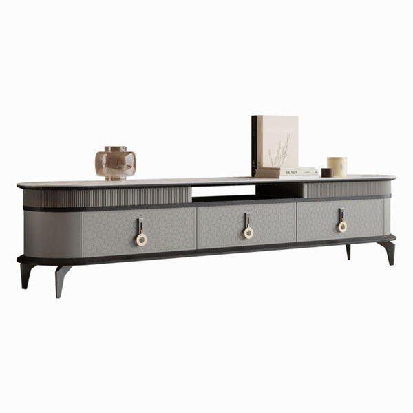 Side view of modern marble top coffee table in living room with stylish and cozy decor