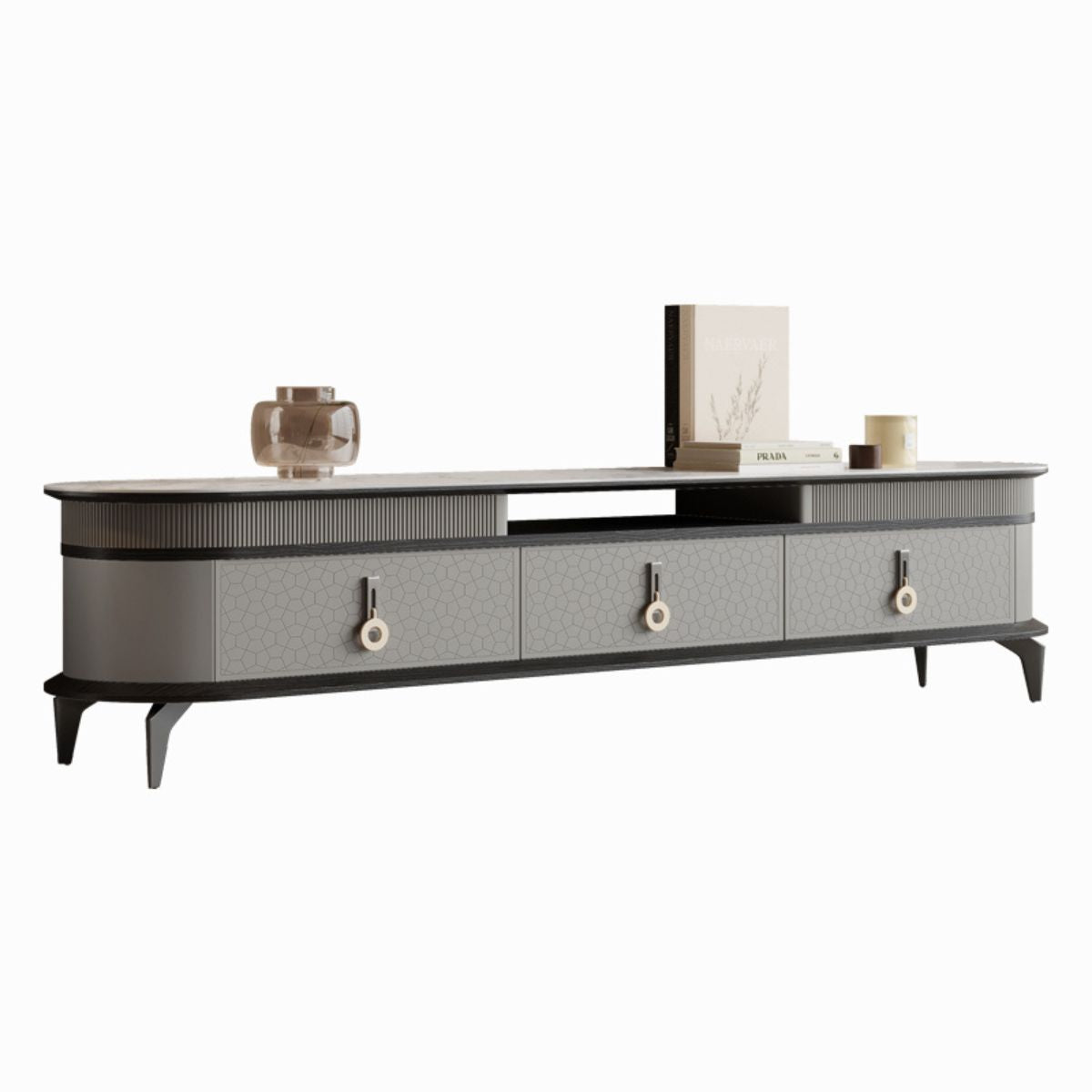 Side view of modern marble top coffee table in living room with stylish and cozy decor