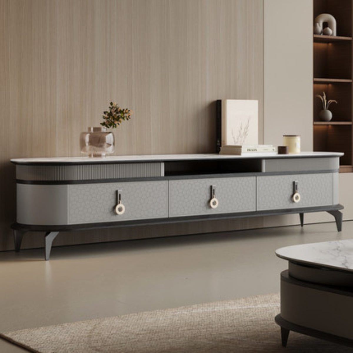 Side view of modern marble top coffee table in living room with elegant and sleek design