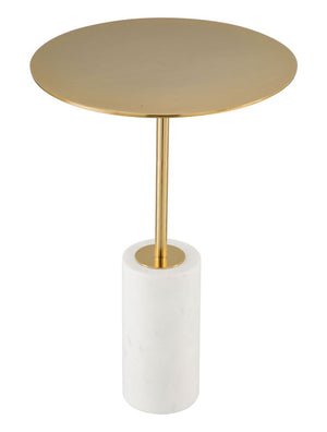 front view of modern Marmar marble bedside table top with copper accent, highlighting polished stone surface and metallic details