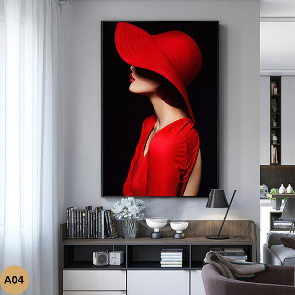 Stylish portrait of woman with red hat as large modern wall decoration