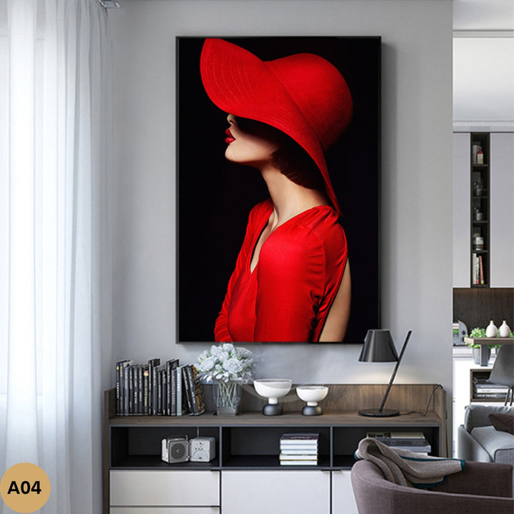 Stylish portrait of woman with red hat as large modern wall decoration