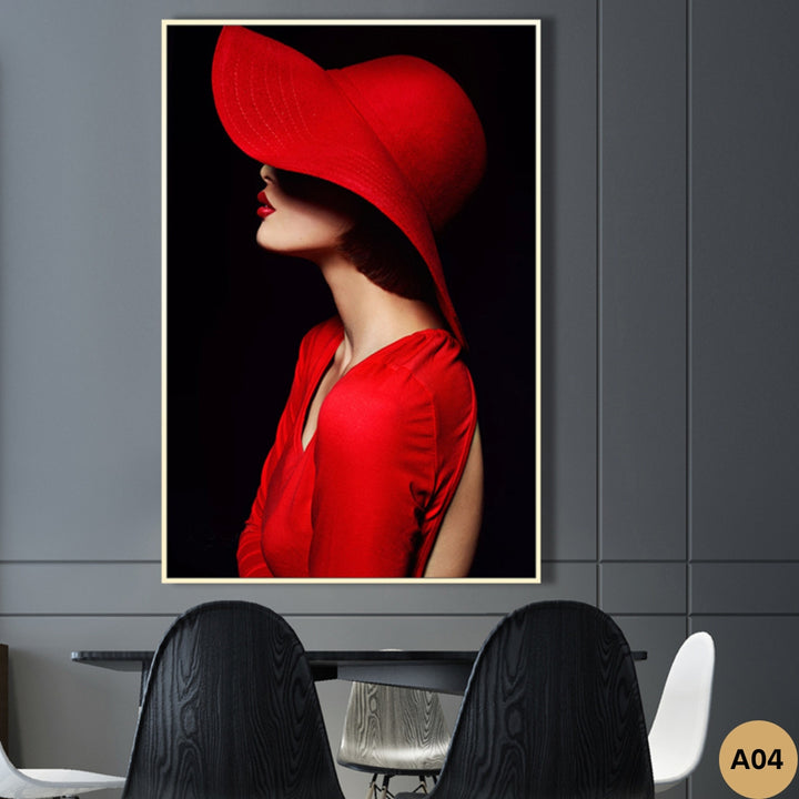 Vibrant large wall art featuring a woman in a striking red hat