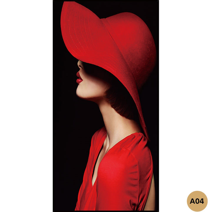 Artistic modern painting of woman in red hat for living room decor