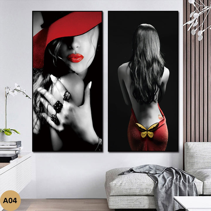 Vibrant large wall art featuring a woman in a striking red hat