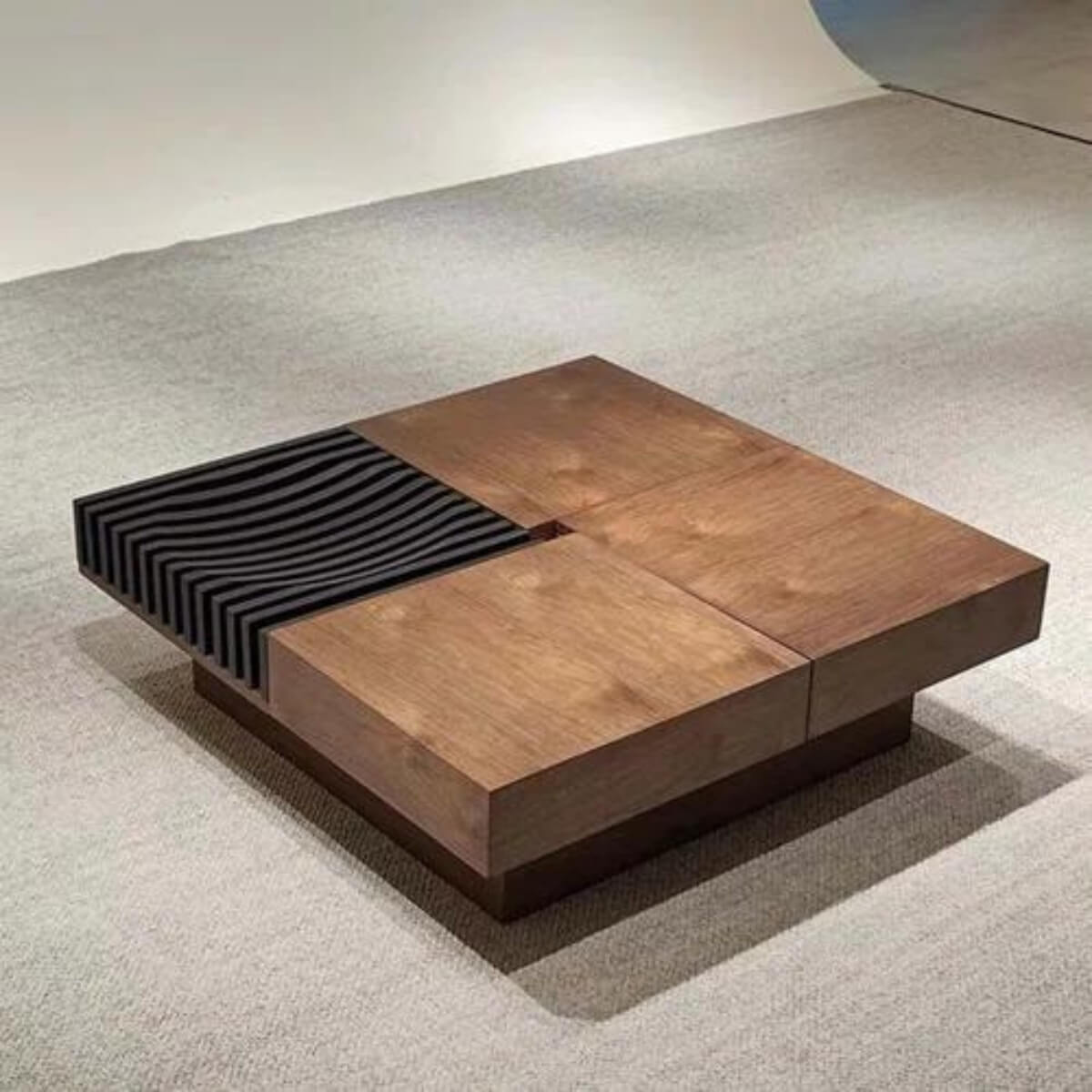Modern square walnut coffee table with smooth finish – minimalist design featuring clean lines and natural wood grain