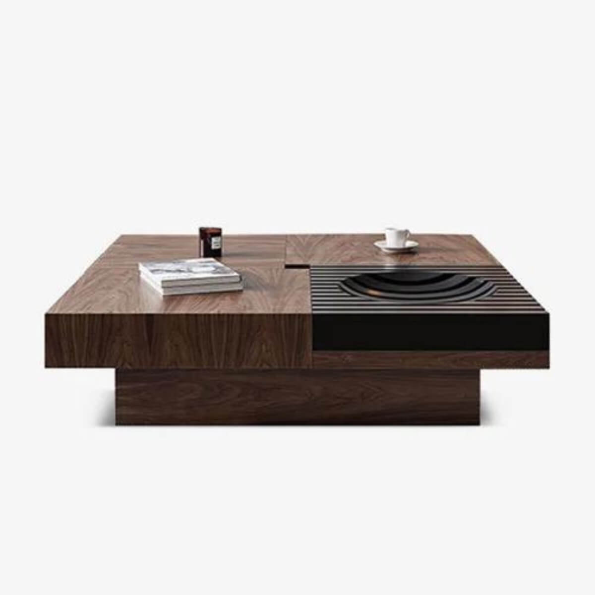 Side view of modern square walnut coffee table – sleek design showcasing smooth wood grain and clean minimalist lines