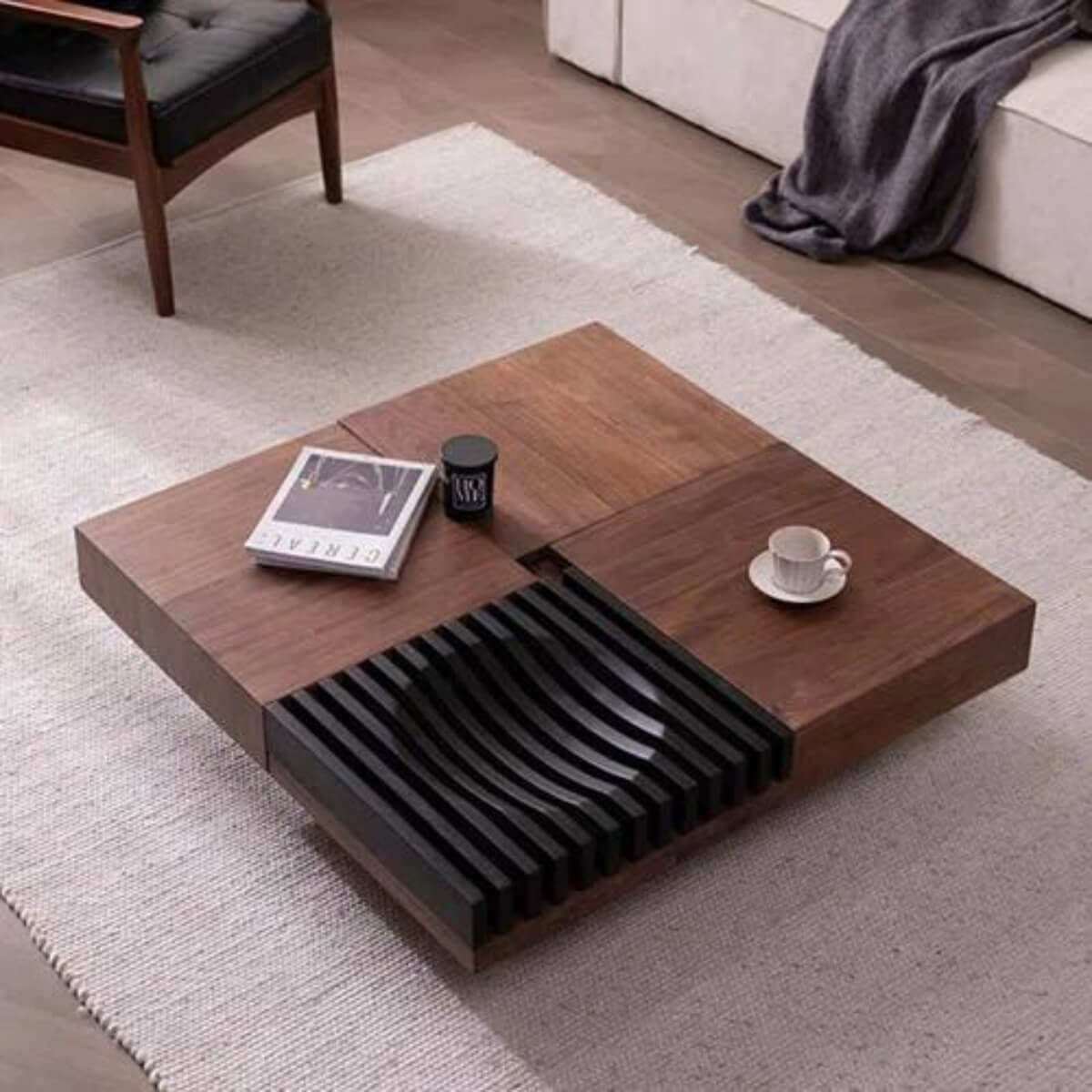 Modern square coffee table made of walnut wood – sleek design with clean lines and rich natural finish