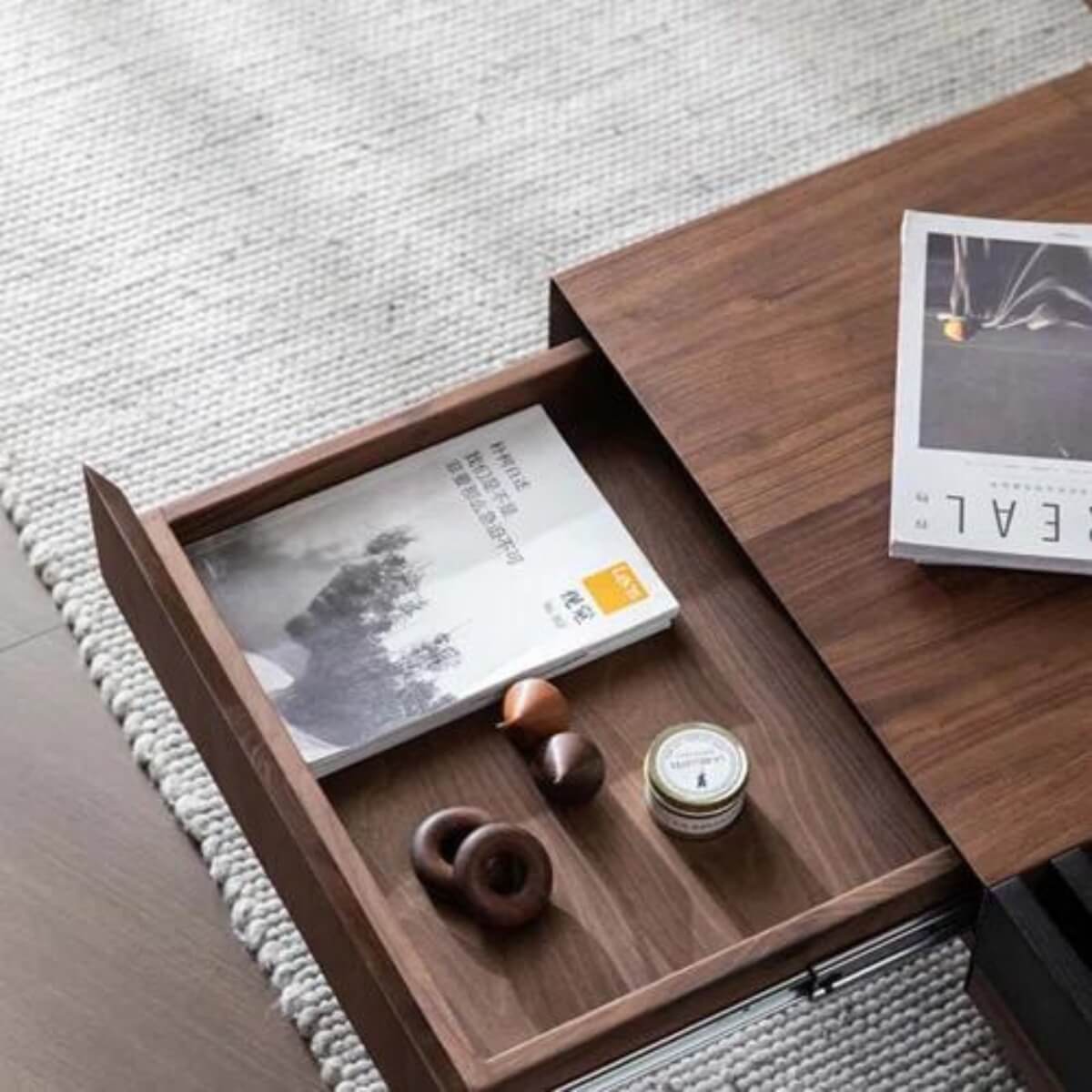  Modern square walnut KC38 coffee table with open drawer – showcasing spacious storage and elegant wood finish