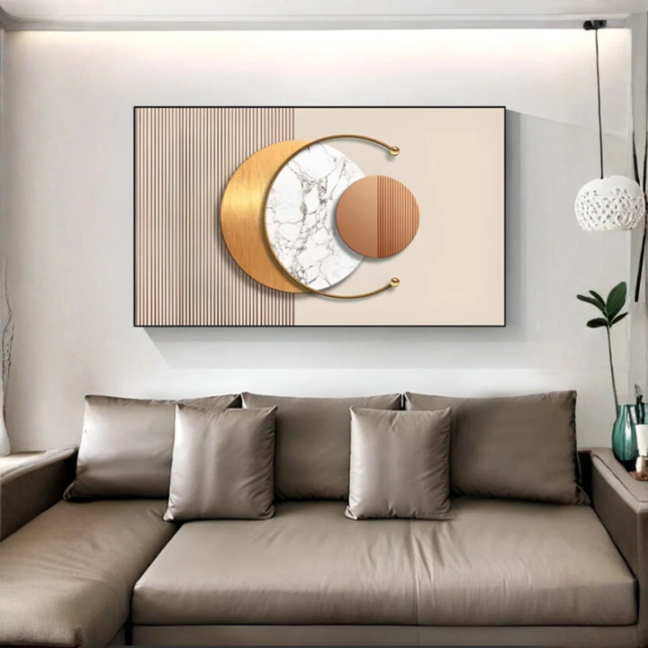 Modern wall art decor displayed in a stylish living room interior setting