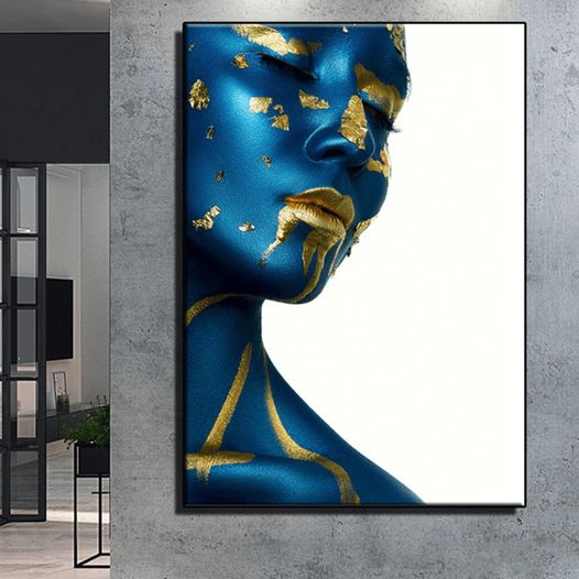 Modern portrait canvas of woman in blue and golden tones