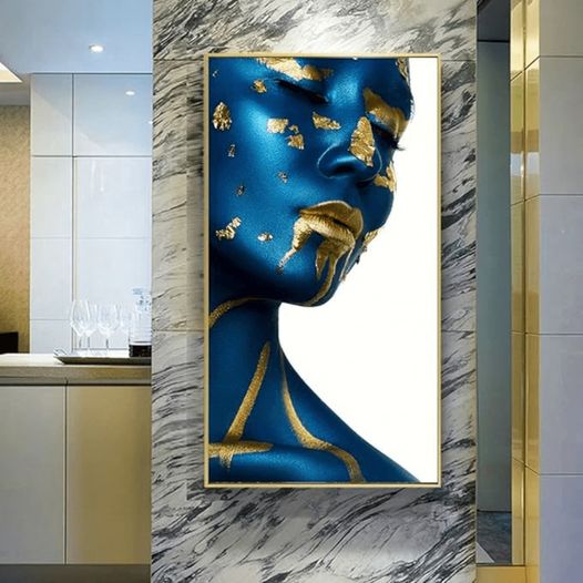 Modern portrait canvas of woman in blue and golden tones