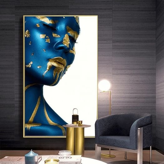 Stylish modern woman portrait on canvas with vibrant blue and golden hues