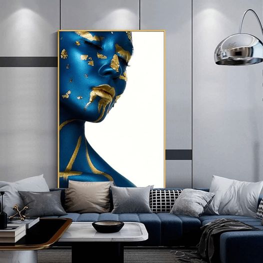 Blue and golden toned portrait of woman in modern canvas artwork