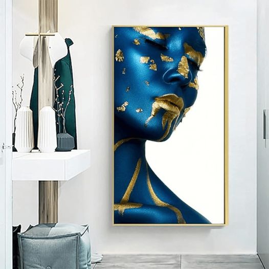 Elegant modern canvas painting of woman highlighted in blue and gold